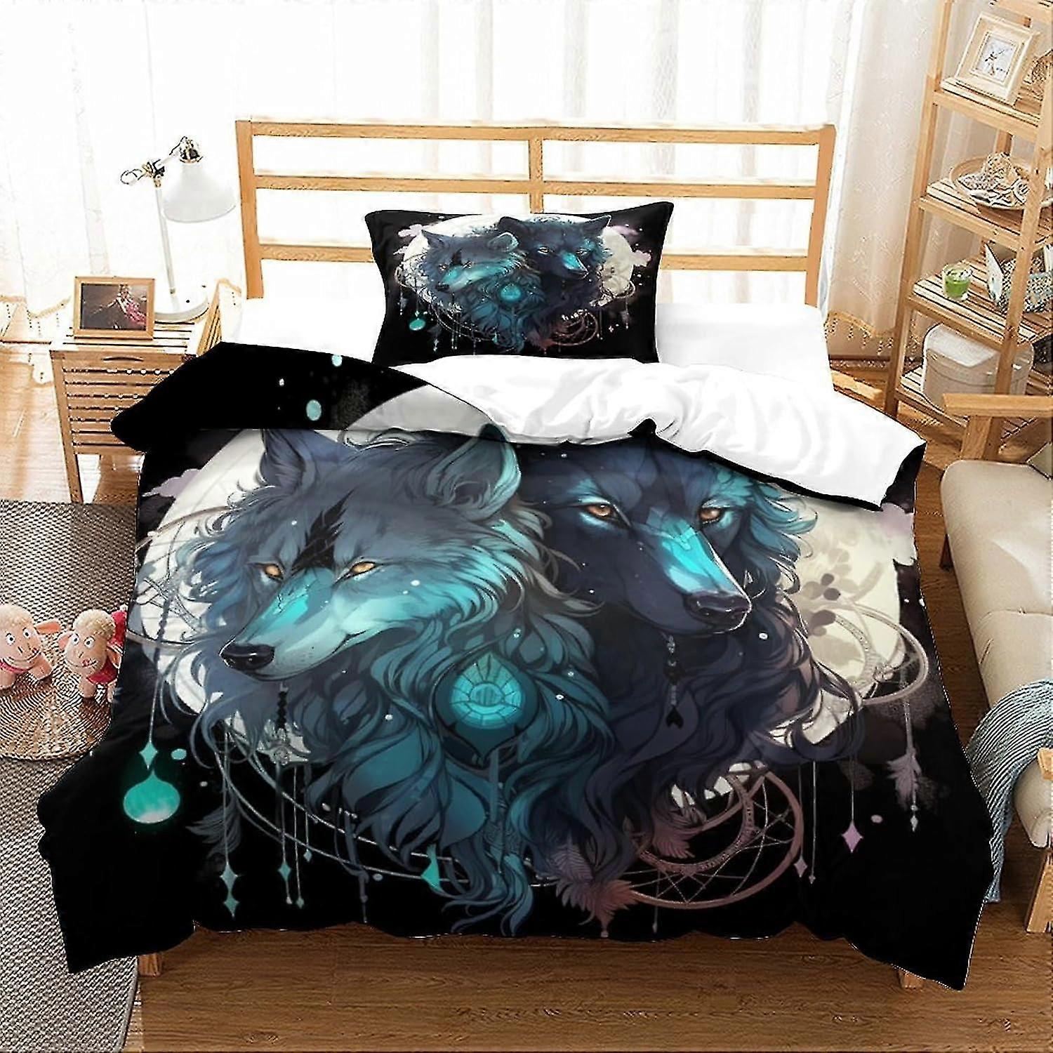 Wolf Patterned Duvet Cover Set Soft Microfiber Bedding Set for Adults and Kids 2Pcs with Zipper Closure for Home Decoration (Single)