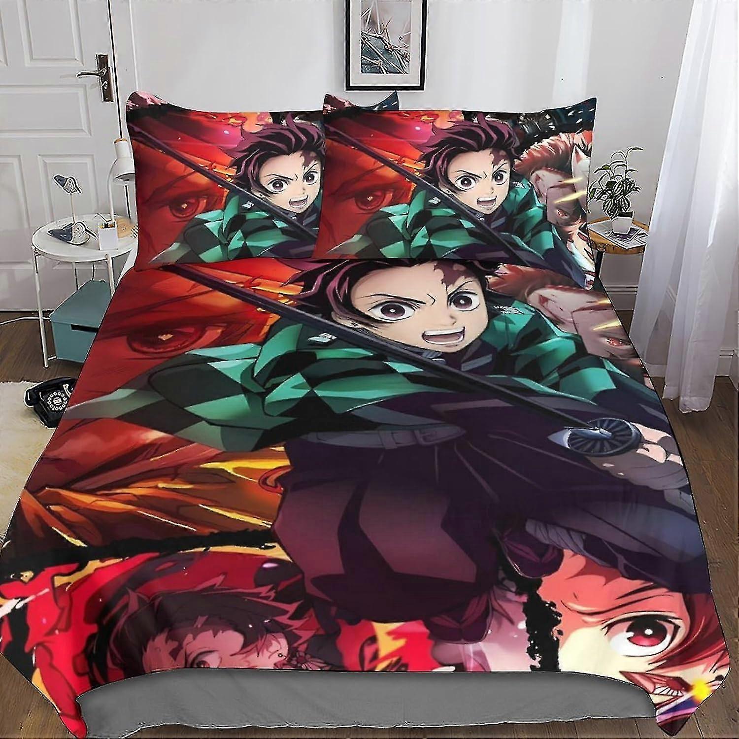 Conjunto de capa de edredão de cama Demon Slayer Microfibra Capa de edredom de anime de sangue quente Capa de edredom de impressão 3D com fronhas para crianças