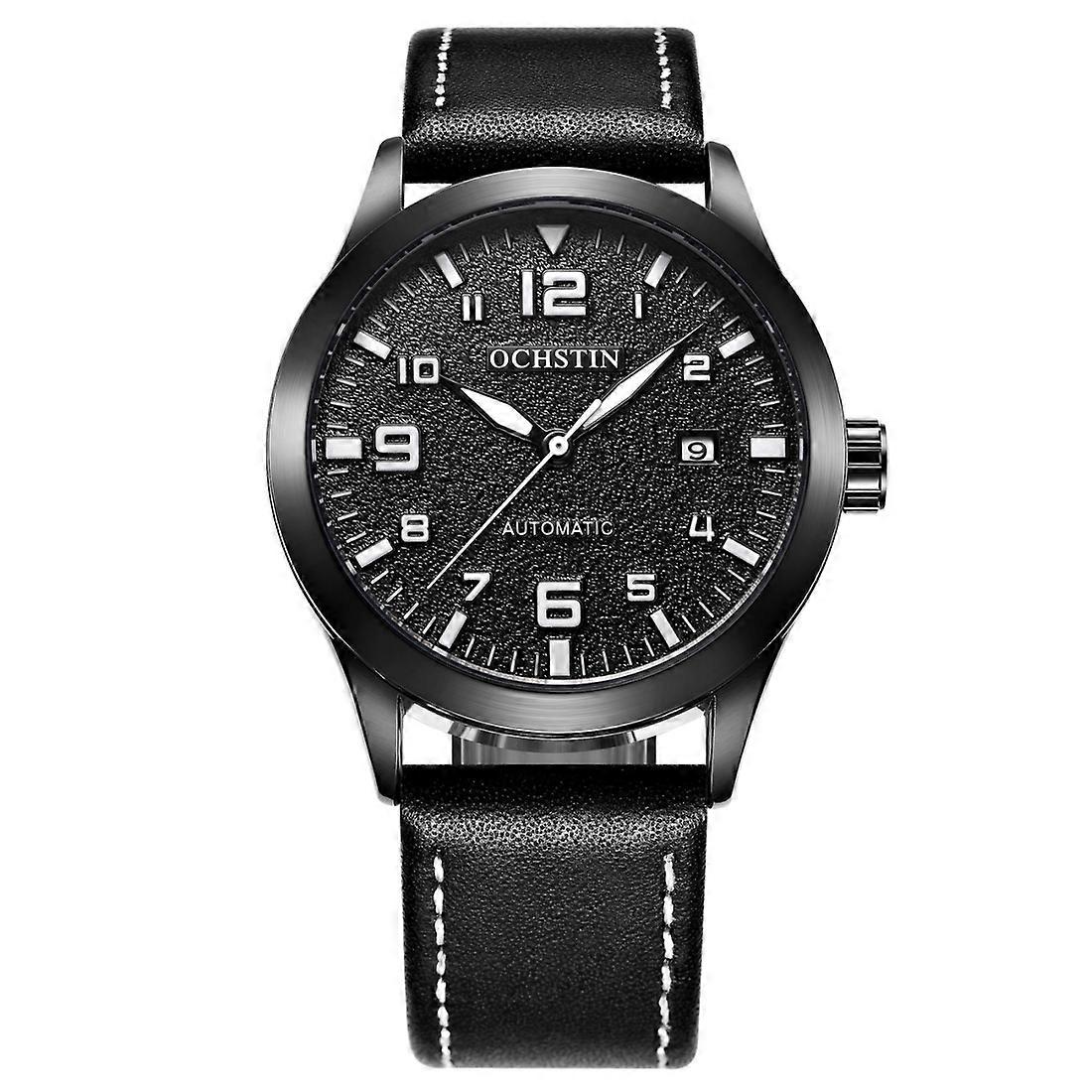 Ochstin 62028 Mode Helautomatisk Mekanisk Klocka Vattentät Män Fritid Mekanisk Klocka Kalender Läder Klocka (Svart)