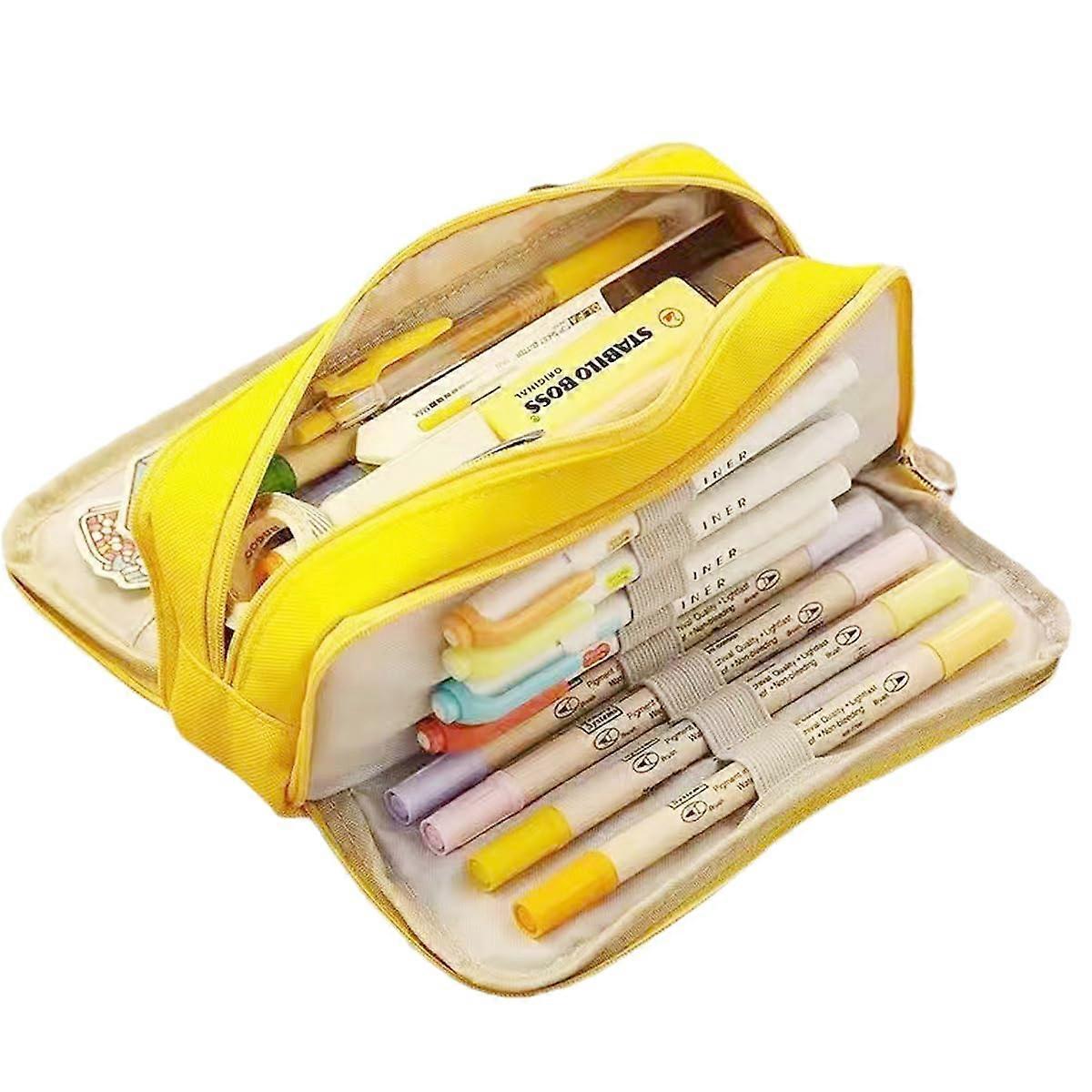 Pencil Case for Girls, Large Capacity with 3 Compartments, Expandable, Yellow