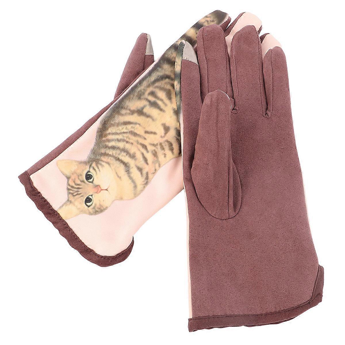 Cat Pattern Gloves Full Finger Winter Gloves Screen Touching Men Women Thicken Gloves 1 Pair