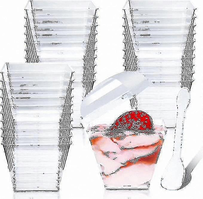 4 Oz Square Dessert Cups with Lids and Spoons, Reusable Plastic Cups for Pudding, Mousse, Ice Cream (50 Pack)