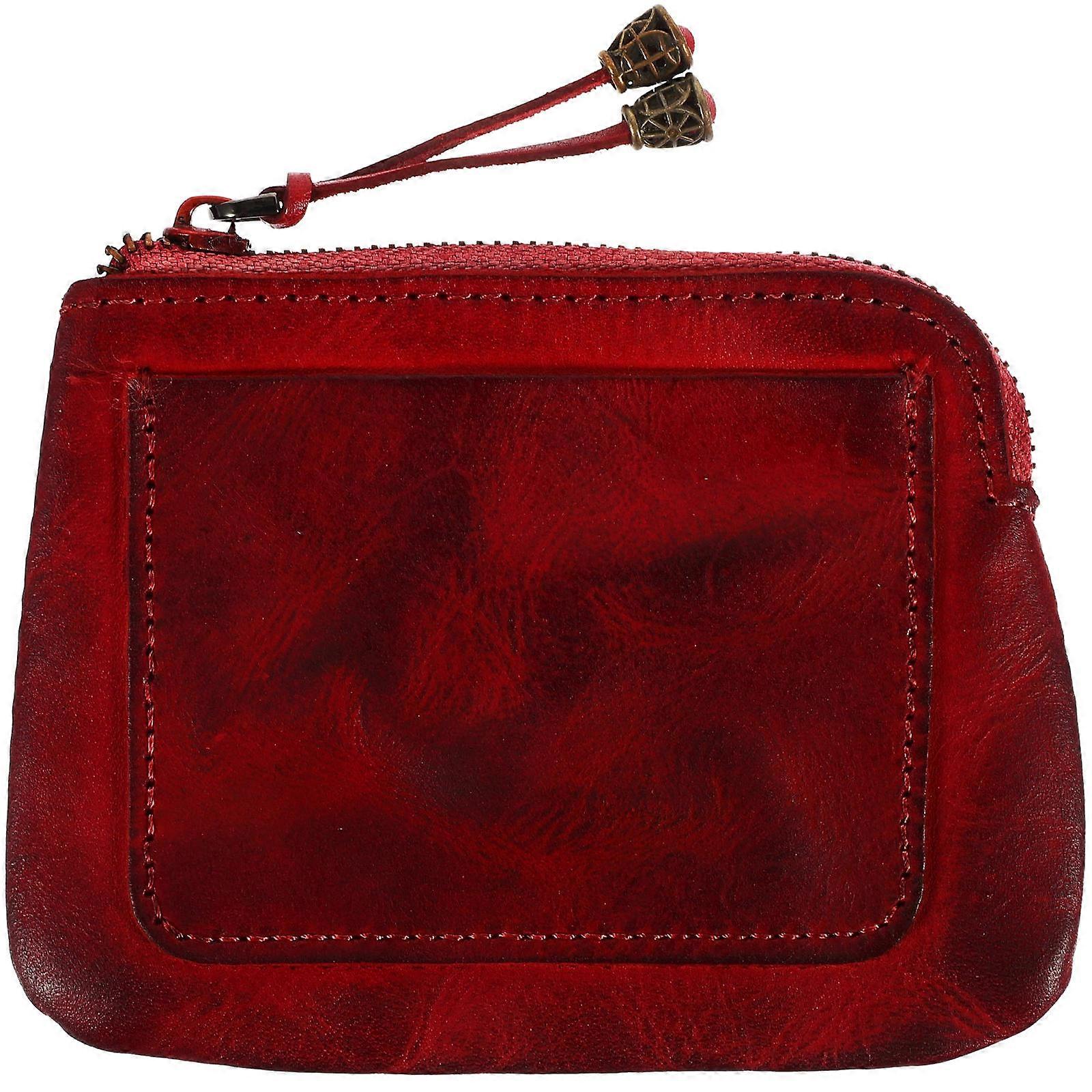 Zipper Pocket Wallet Mini Purse Compact Red Cowhide Storage for Small Cosmetics 1Pack
