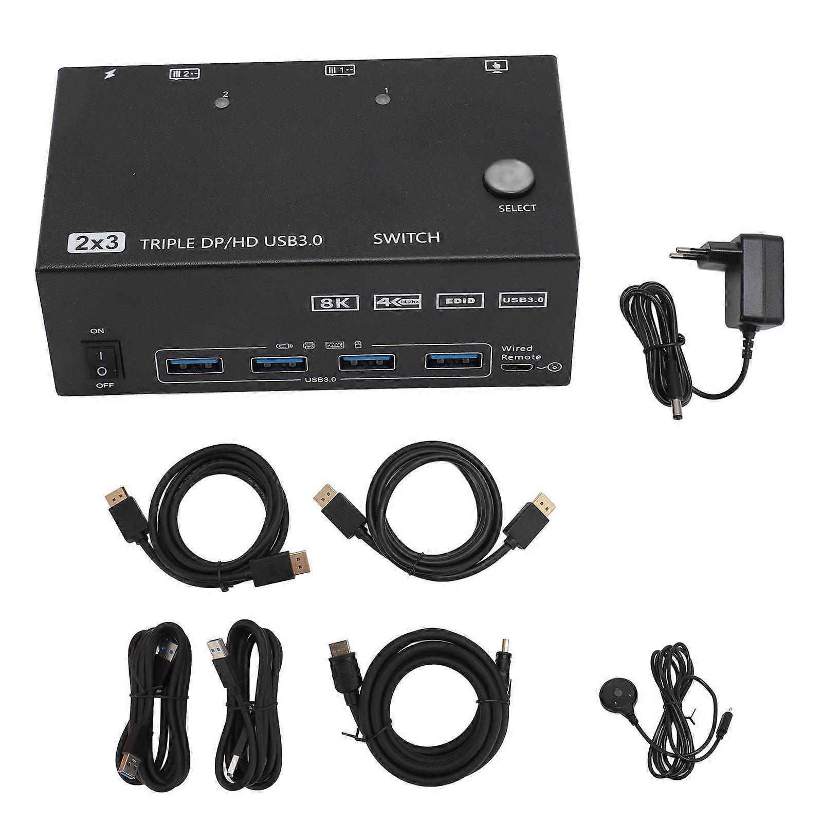 USB 3.0 KVM Switch 2 in 3 Out 8K 30Hz 4K 144Hz EDID Simulator for 2 Computers EU Plug