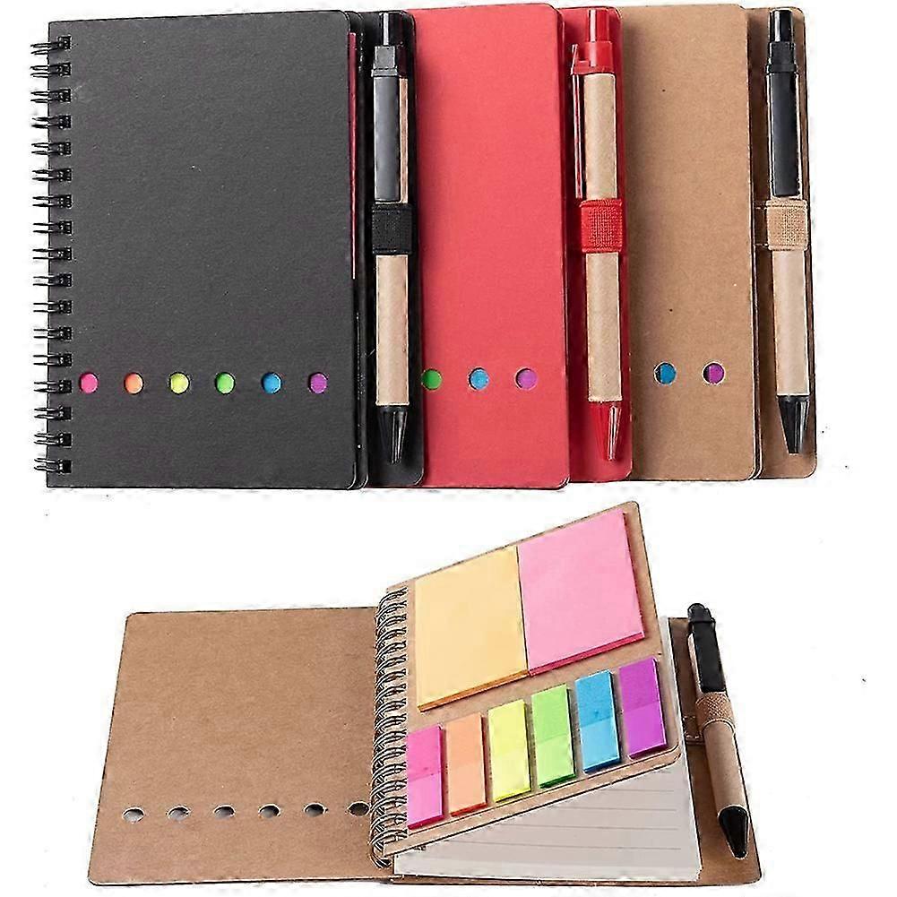 3 Packs Spiral Notebook with Pen in Holder, Sticky Notes, Index Tabs