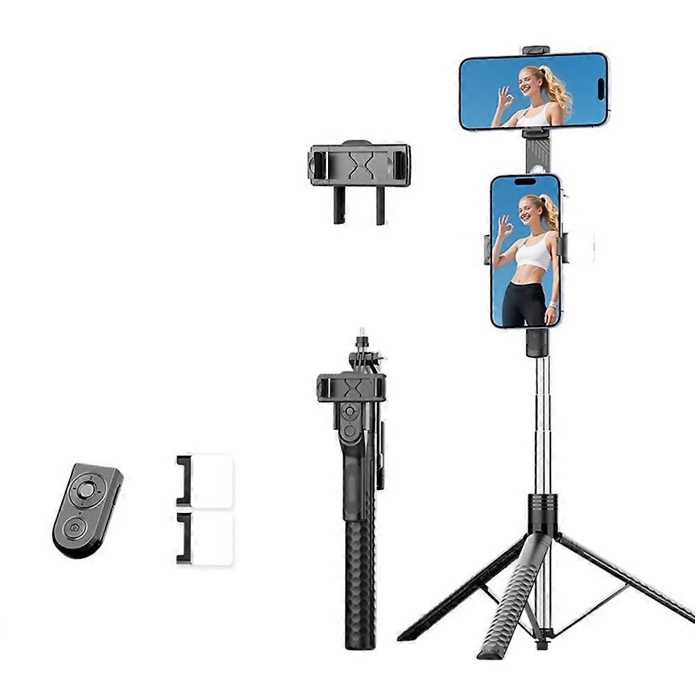K50 Dual Phone Clip TikTok Bluetooth-Compatible Selfie Stick 1.9m Extendable Tripod with 2 Fill Lights