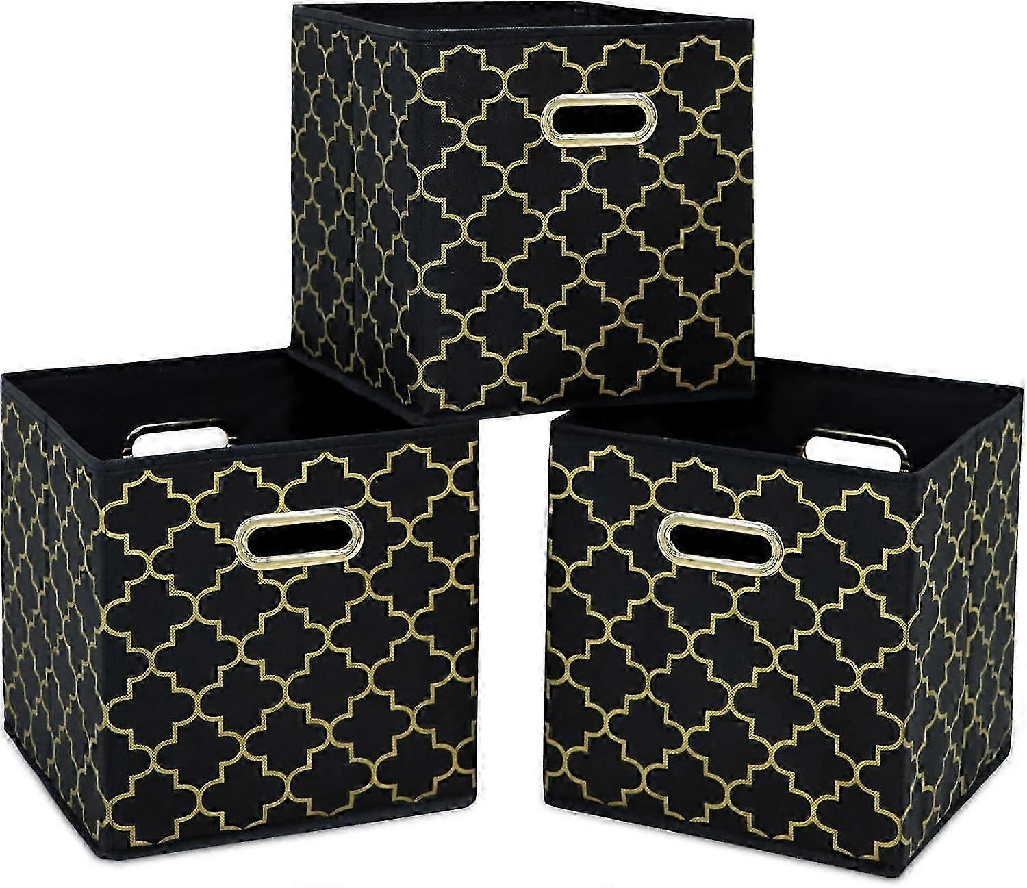 Fabric Cloth Storage Bins,Fabric Cube Organizer with Dual Handles Foldable Cube Storage Baskets for Home Bedroom Storage,Set of 3,(Black Gold)