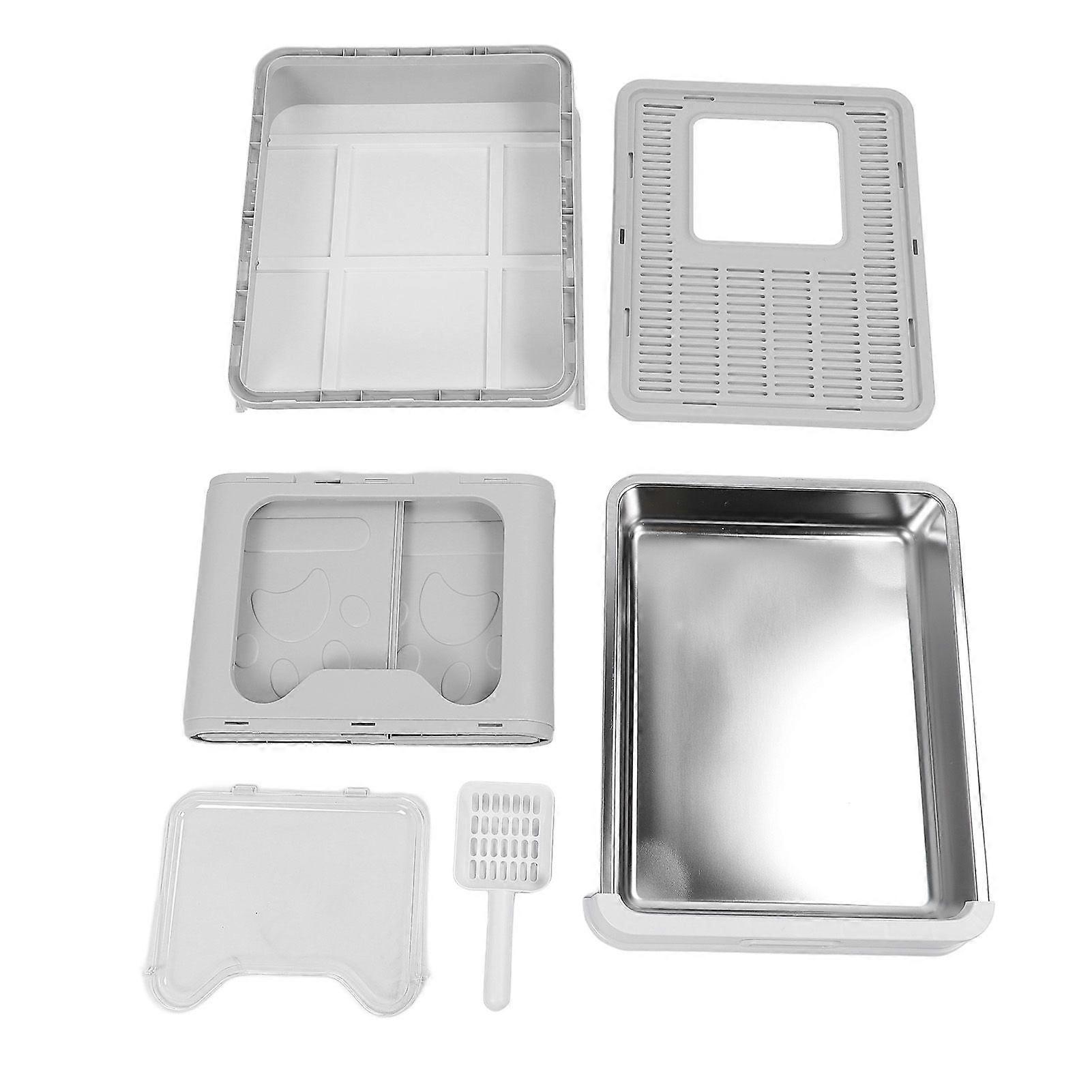 Enclosed Cat Litter Box Stainless Steel Large Drawer Style Odor Proof Anti Splashing Foldable Cat Toilet with Cat Litter Scoop Gray