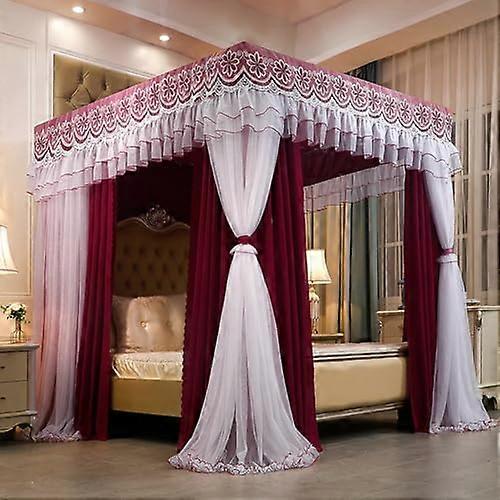 Elegant 4 Corner Post Canopy Bed Curtains 150x200cm Red - Double Layer Light-Colored Lace Blackout Drapes for Girls and Adults