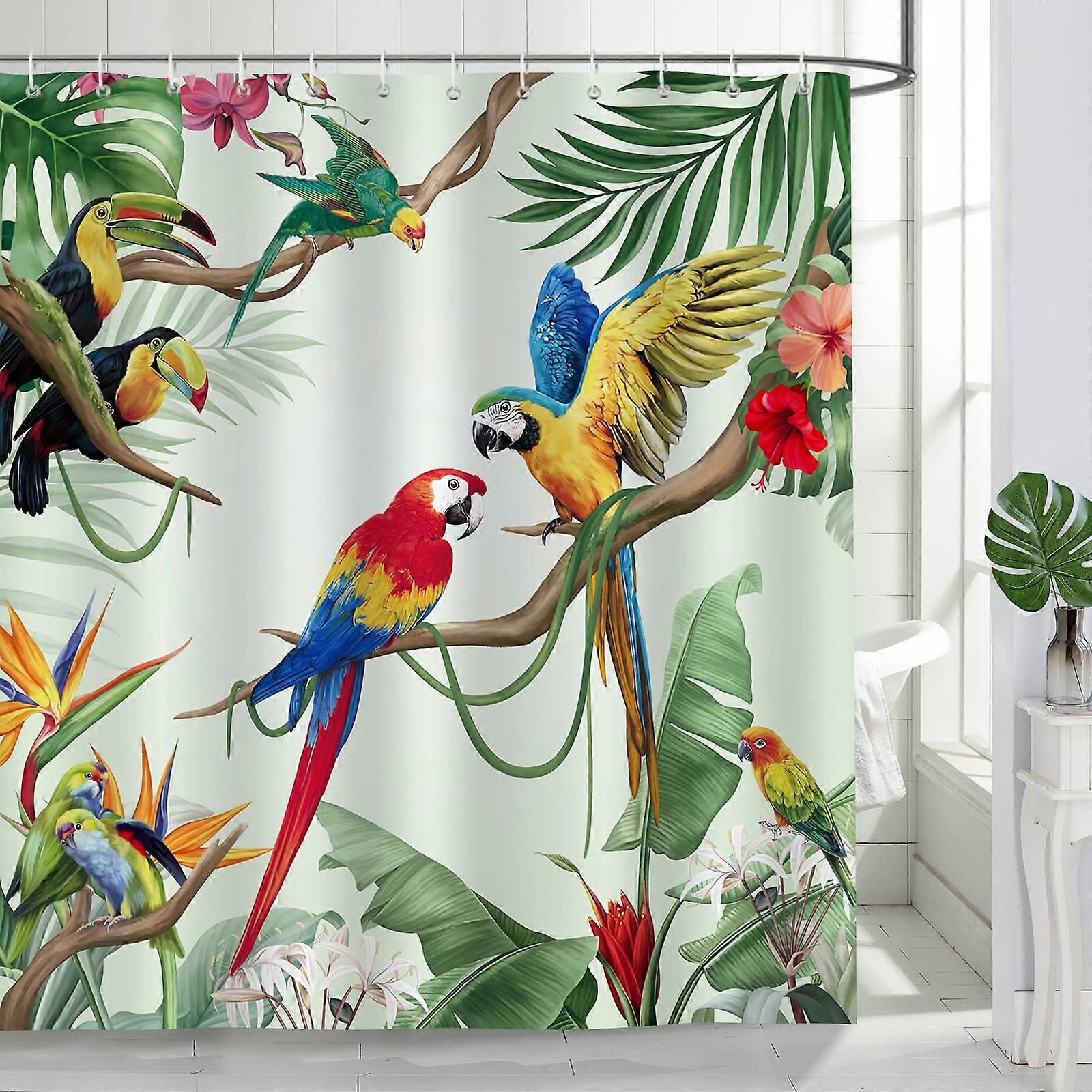 Tropical Bird Shower Curtain Parrot Toucan Leaves 180x180 cm Waterproof Mildew Resistant Polyester Bath Curtain with Hooks