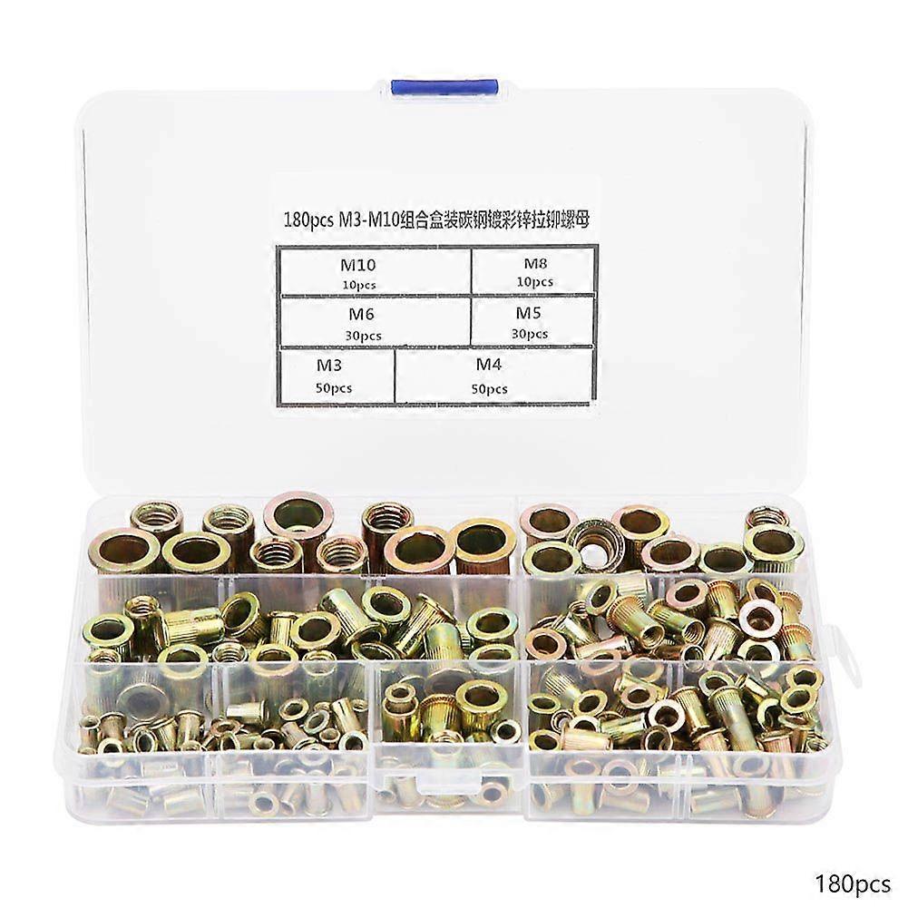 180pcs M3-M10 Rivet Nut Kit Zinc Plated Carbon Steel Flat Head Threaded insert Rivet Nutsert