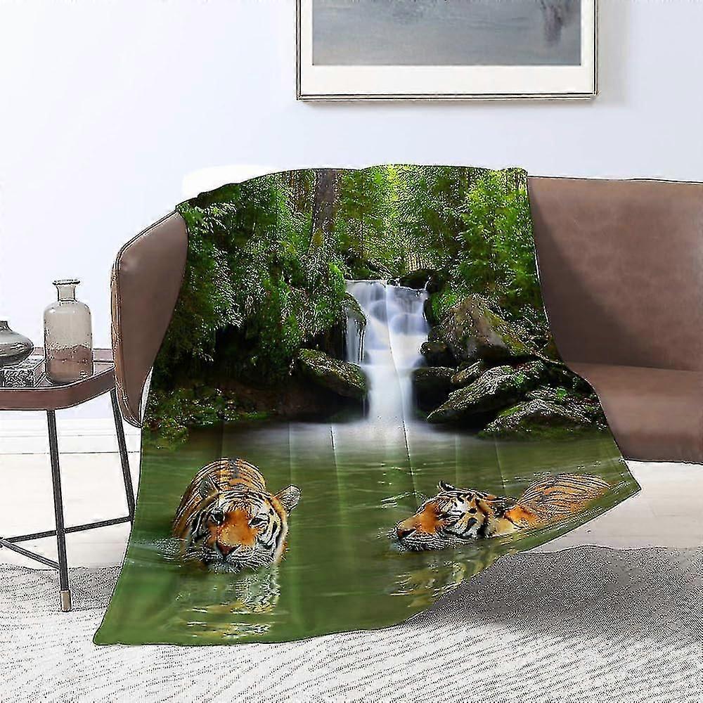 Tæppe flanneltæpper, sibiriske tigre i vandfald pool skov svømning asiatisk naturligt tema billede, tæpper til sofa blødt tæppe seng tæppe