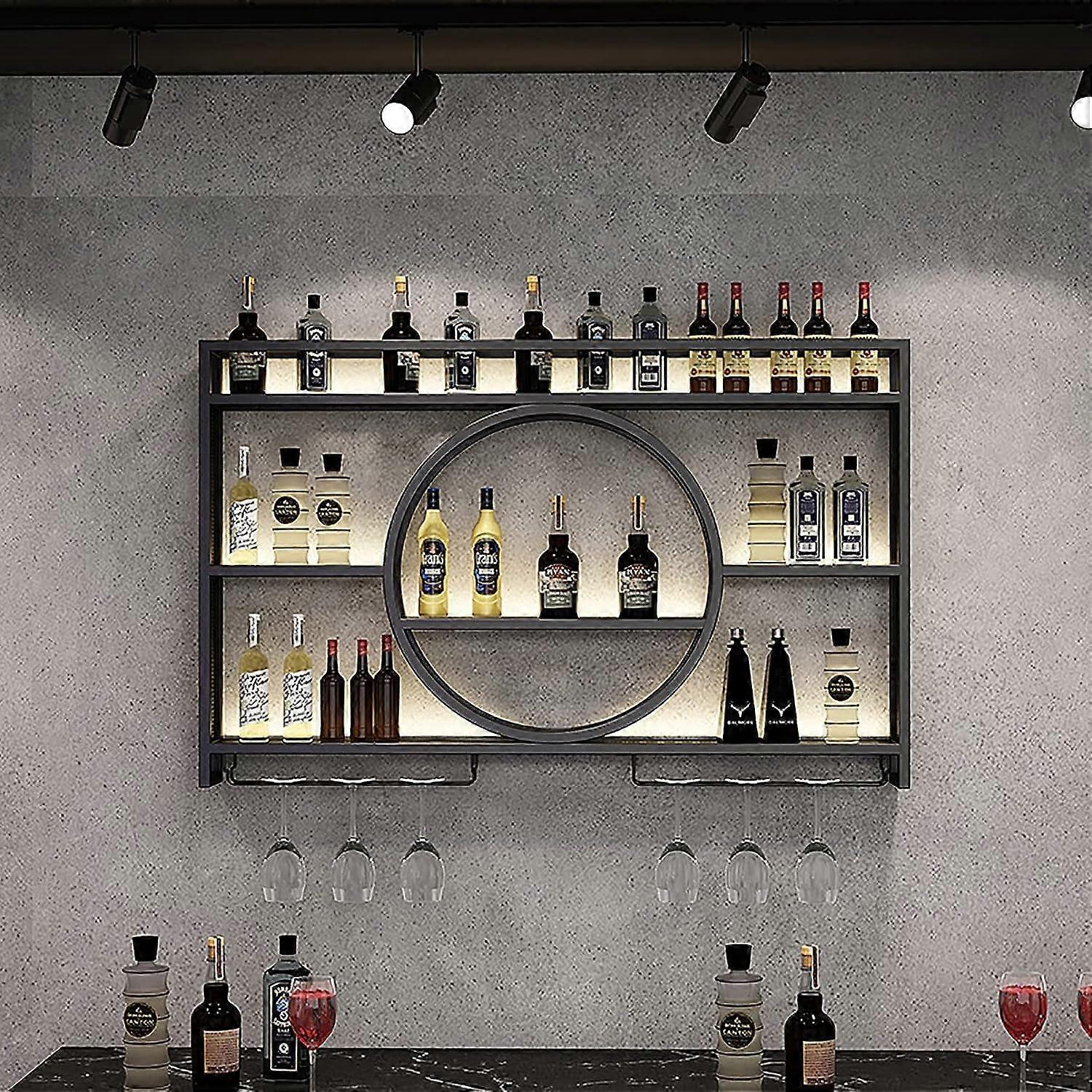 Wall Mounted Wine Rack Black Finish, Champagne And Stemware Holder, Space Saving Display, 120x15x80 cm (47x6x31 in)