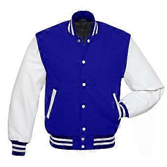 Herr Varsity Baseball Letterman Ullkropp Äkta Läder Ärmar Bomber Amerikansk Style Varsity Vinröd XL