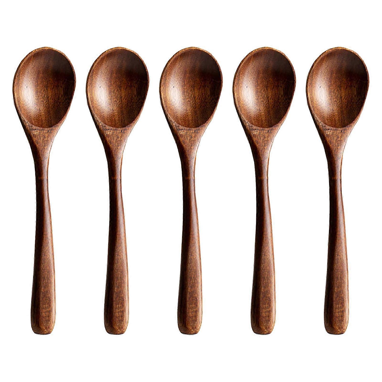 Wooden Long Handle Spoons Set of 5 – Stirring and Serving for Coffee, Honey, Yogurt, Sauce, Sugar, Ice Cream