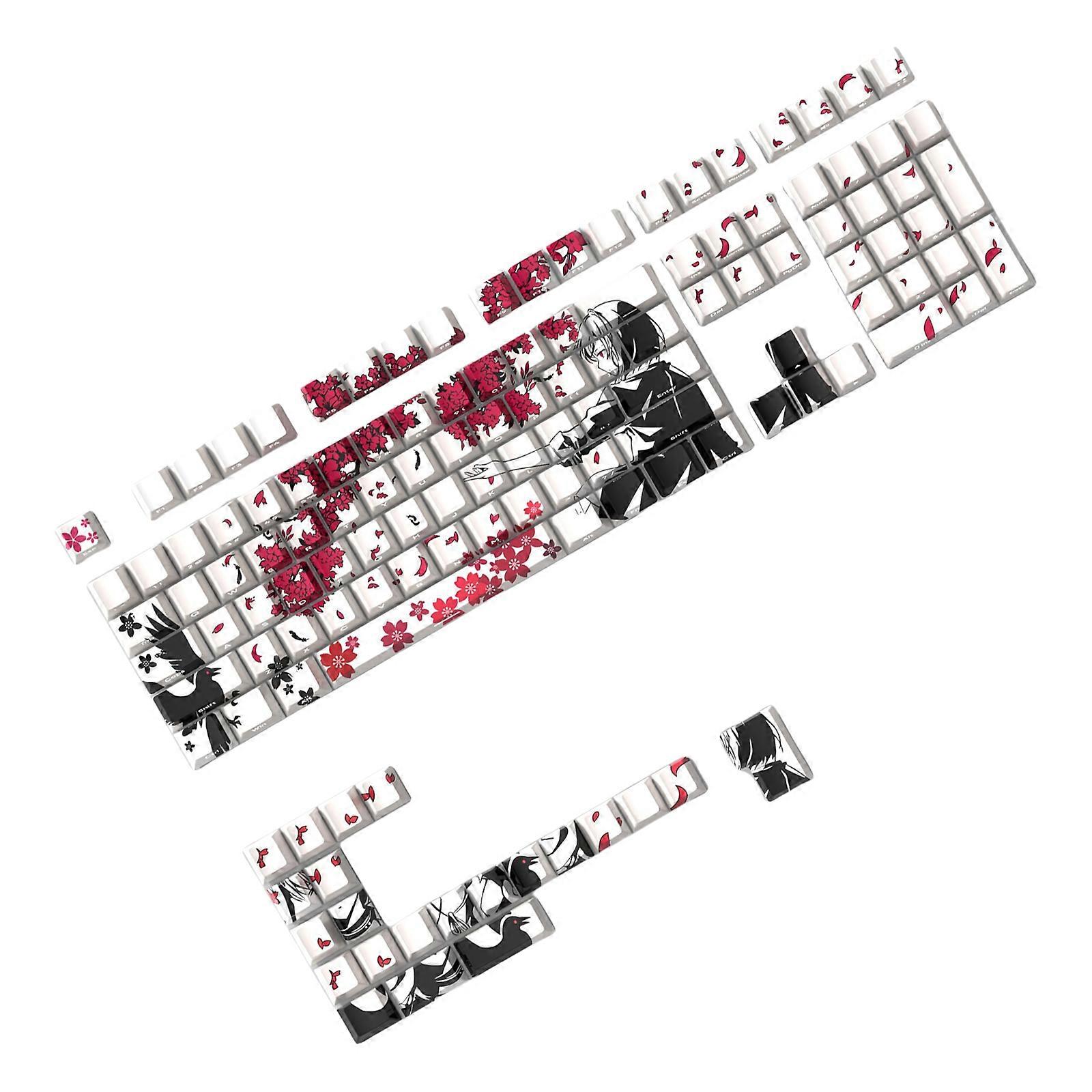 Cherrys Blossoms Themed Cherrys Profile Keycaps 130 PBT Backlits Side Print Keycap For Mechanical Keyboards Customization  White