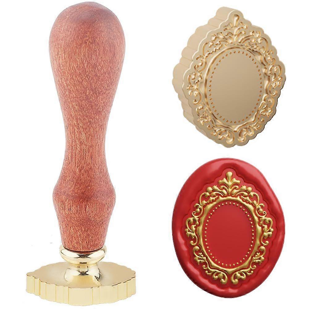 1pc Oval 3D Embossed Texture Wax Seal Stamp Vintage Mirror Frame Wax Sealing Stamp 25mm Removable Brass Head Stamp with Wooden Handle for Envelopes In