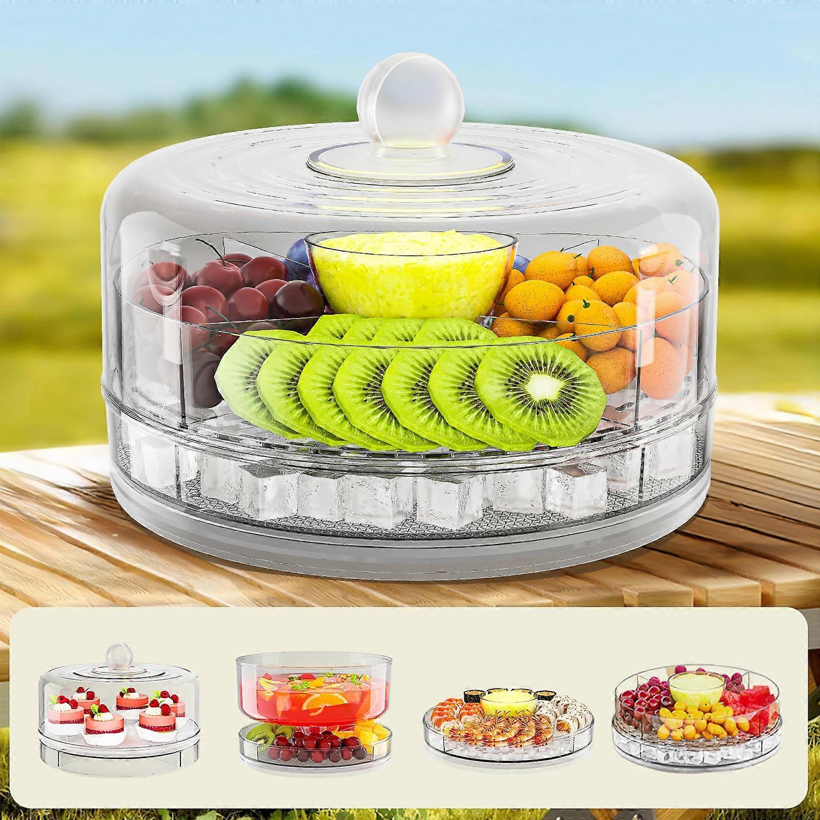 Serving Tray with Lid and Ice Compartment, 360° Rotating Cake Stand, 4Section Snack Platter