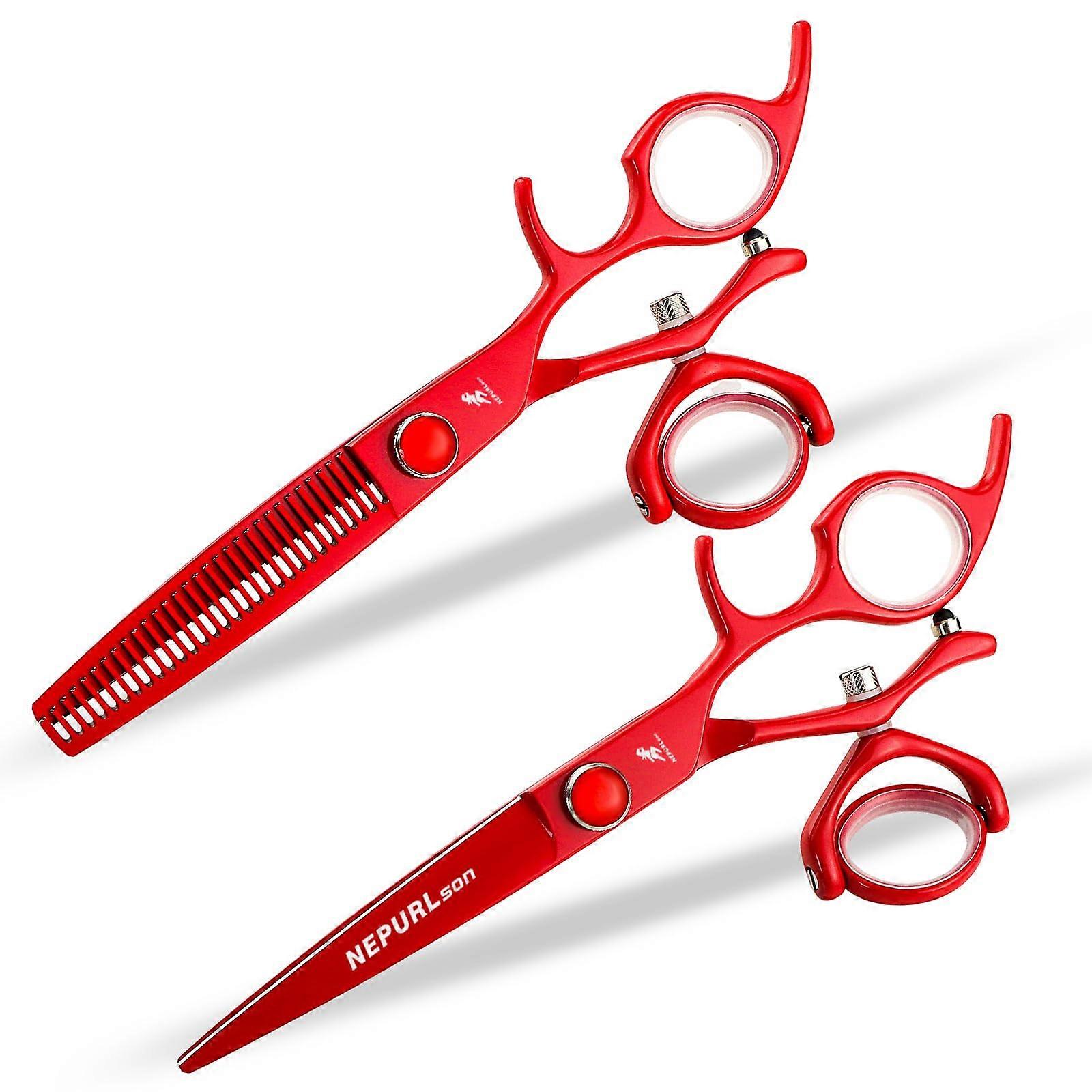 6 Inch Professional Hair Cutting Scissors and Barber Thinning Shears with Swivel Handle Red