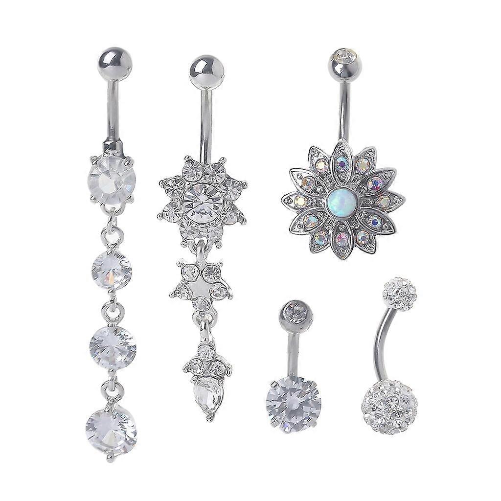 5 Pcs/Set Titanium Dangle Belly Button Ring CZ Stone Body Piercing Navel Rings