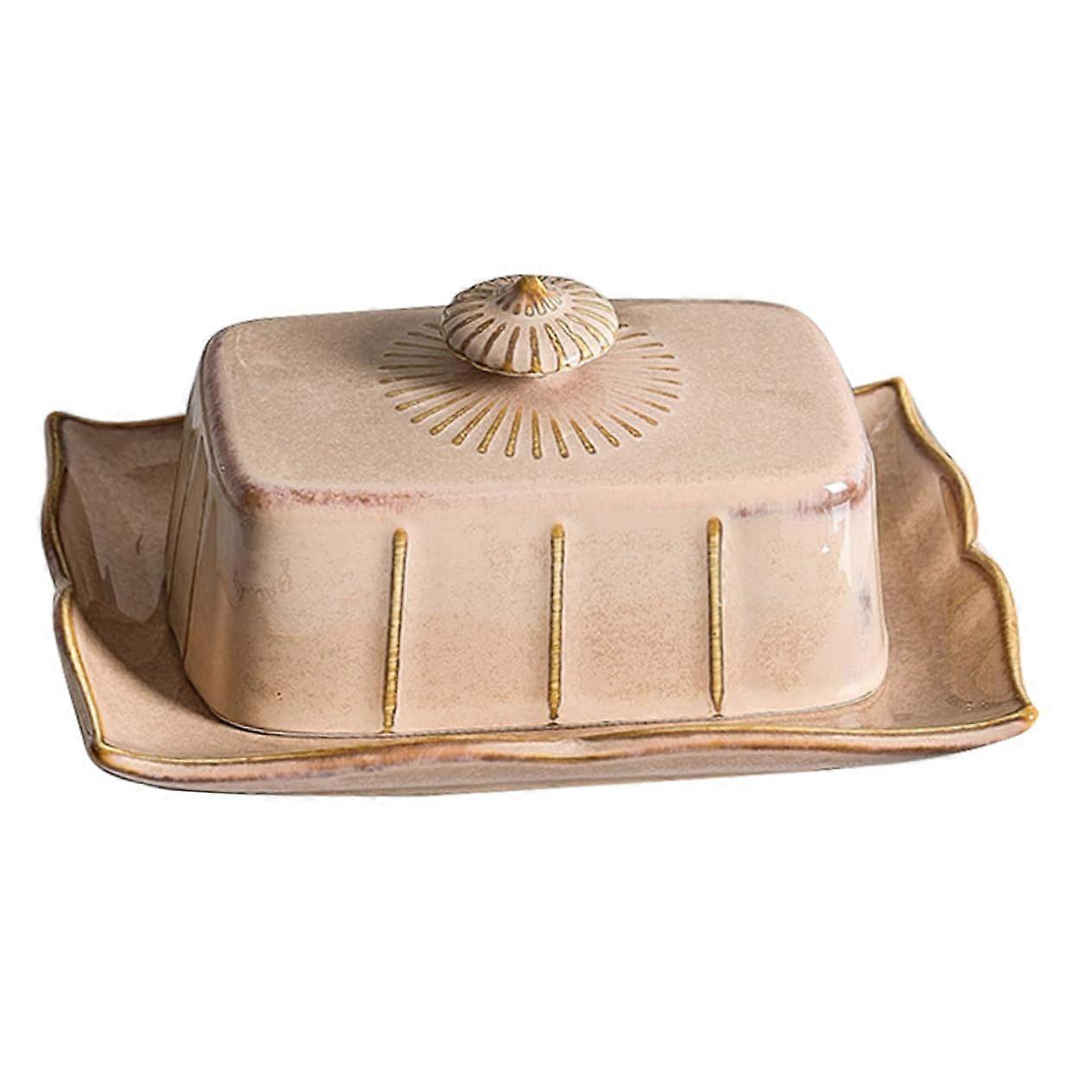Ceramic Butter Dish with Lid Keeps Butter Fresh Heat Resistant Rectangular Khaki Server for Kitchen