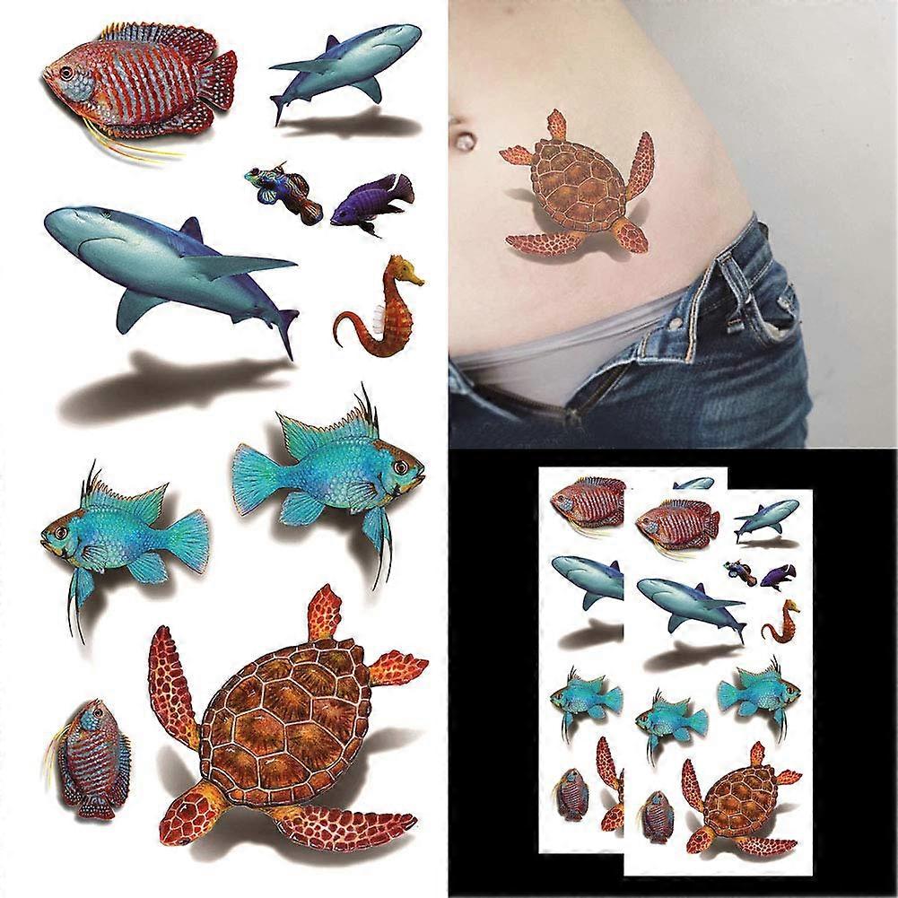 Temporary Tattoos 3D Waterproof Ocean Theme Shark Turtle Fish Quick Apply Removable 2 Sheets