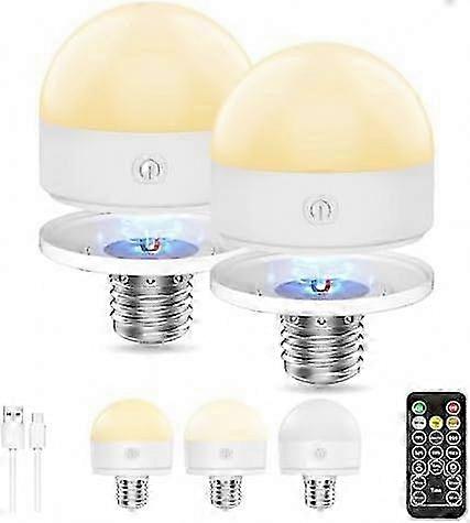 2-Pack E27 LED Bulbs, Rechargeable with Remote, 3 Color Modes, Dimmable, Timer Function, Battery Operated