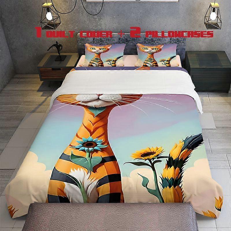 3pcs Cat and Sunflower Theme Printed Bedding Set