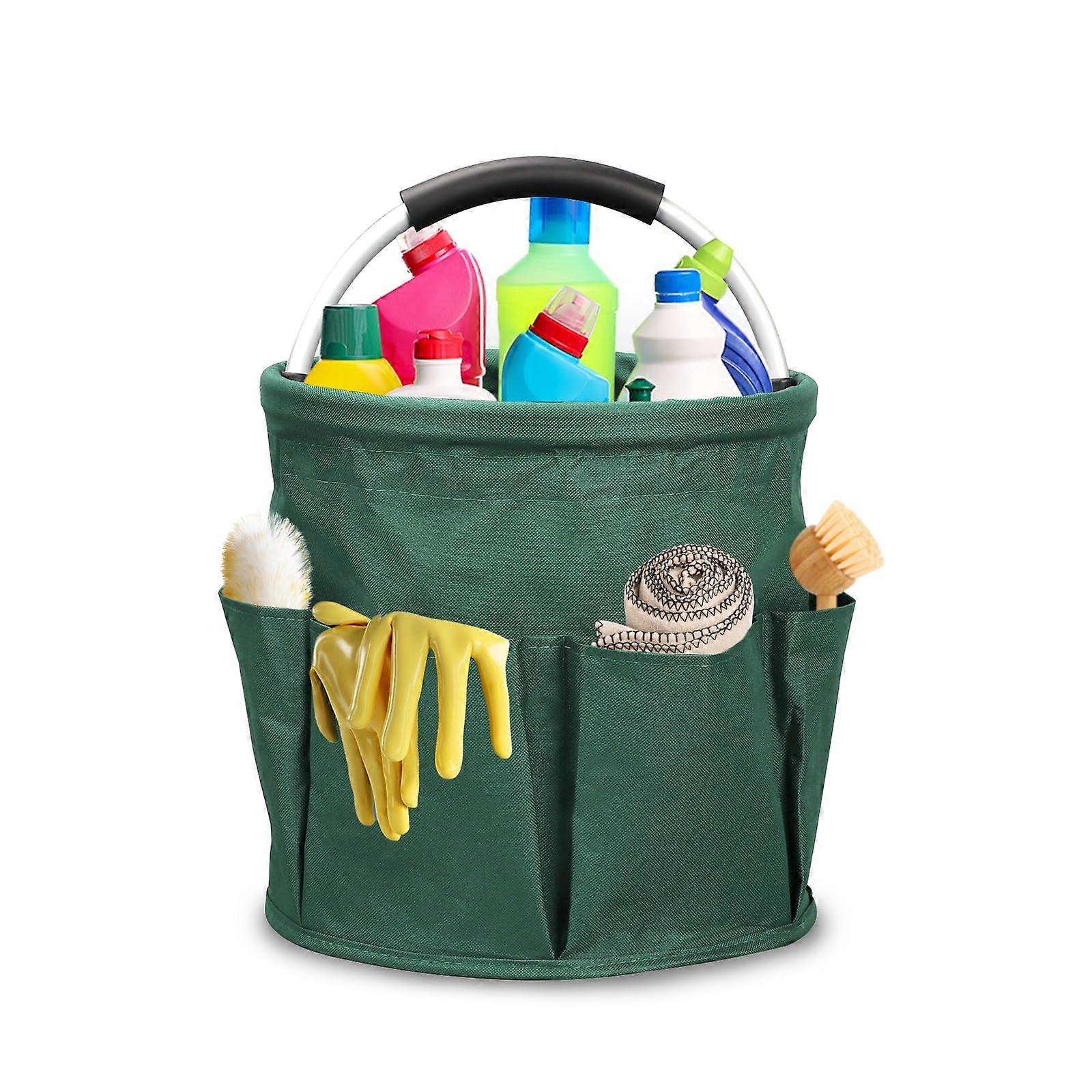 17L Green Foldable Cleaning Caddy with Pockets and Waterproof Lining, Ergonomic Handle Organizer