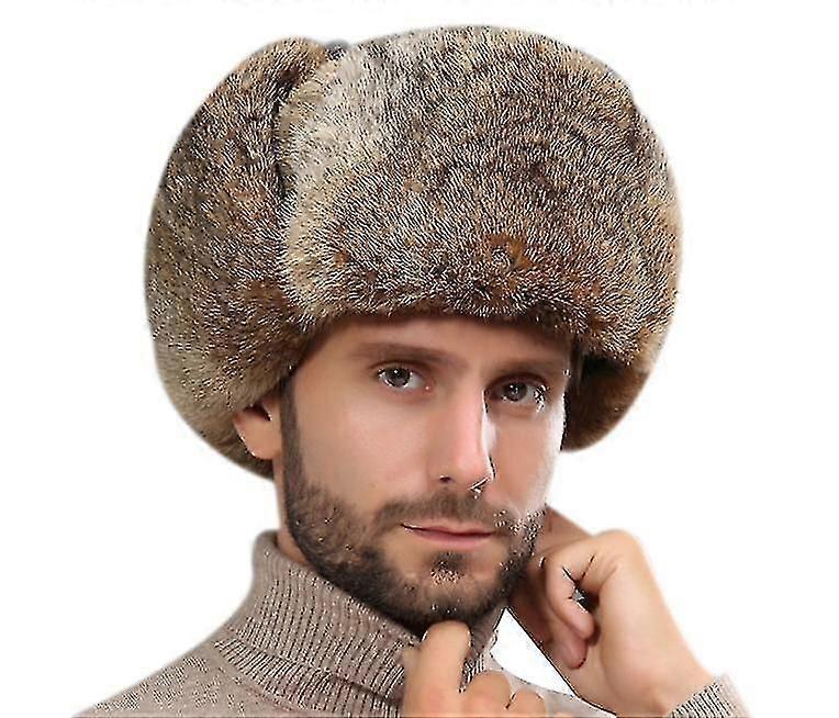 Rabbit Fur Russian Winter Trapper Hat with Ear Flaps for Men