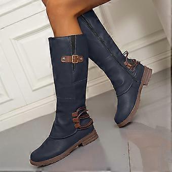 Willtoo Kniehohe Stiefel für Damen, weiter Schaft, geraffter Strickbund, seitlicher Reißverschluss, runde Zehenpartie, niedriger Absatz, Blau – Geeignet für Herbst/Winter
