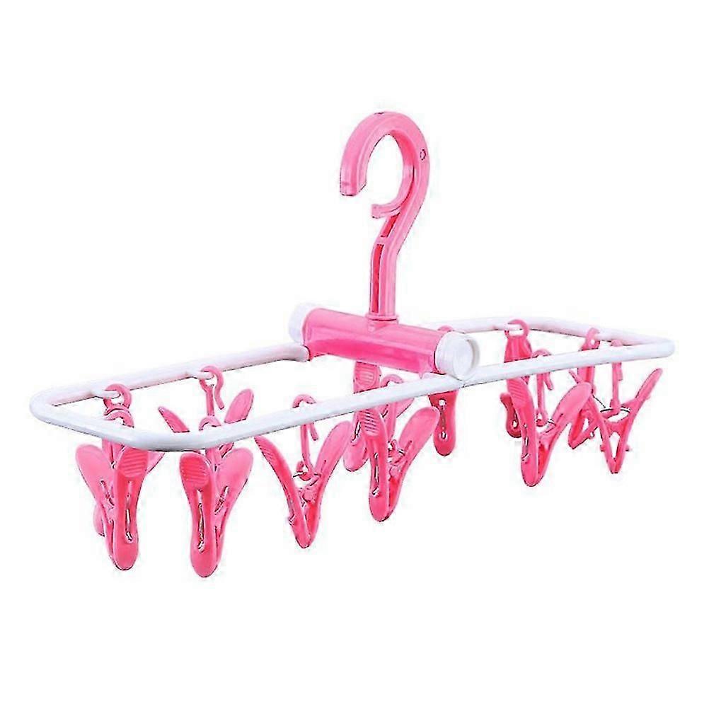 Foldable Windproof Laundry Drying Rack with 12 Clips for Dry Use Pink