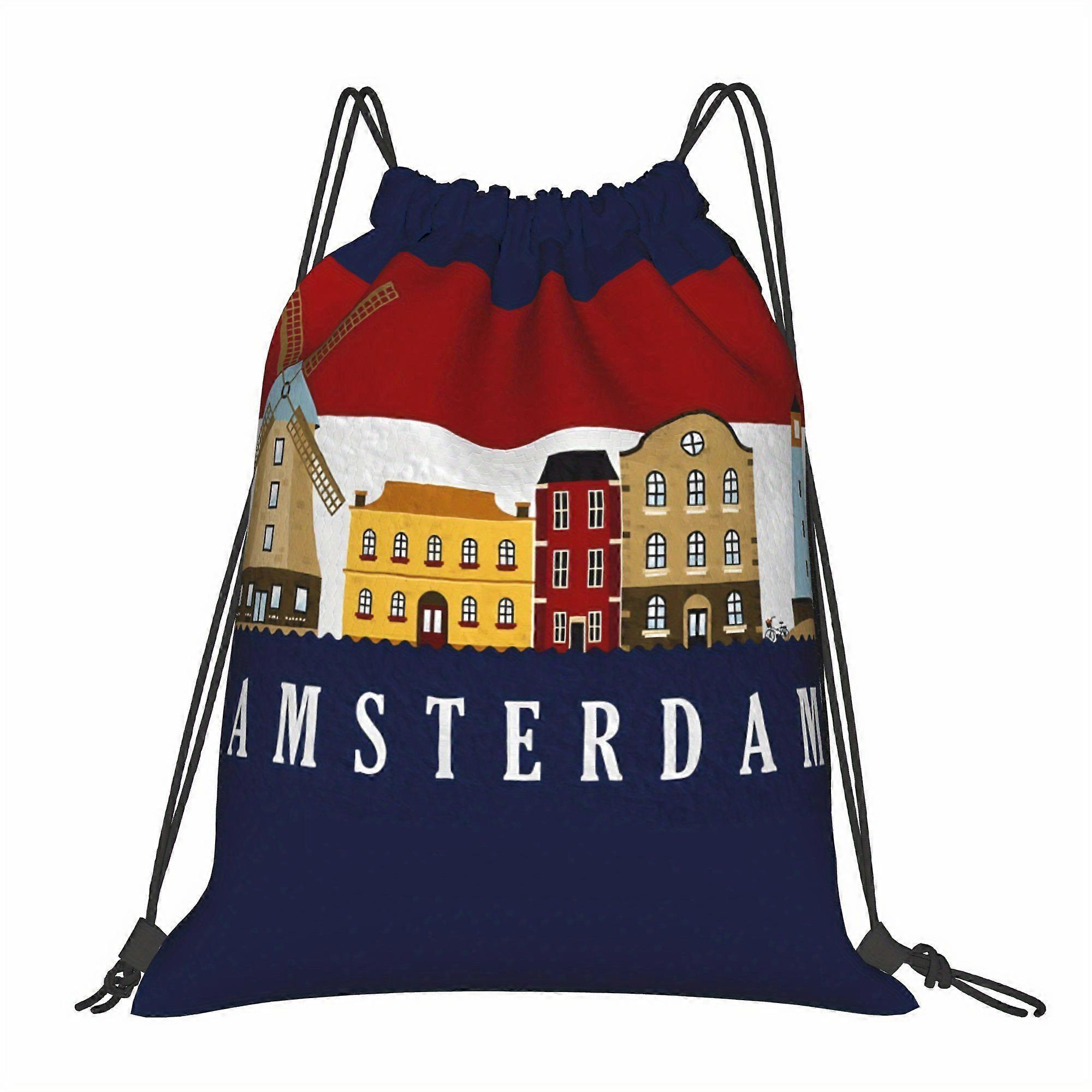 2D Flat Drawstring Bag, Amsterdam Camping Drawstring Pouch, 2D Flat-Cqazw