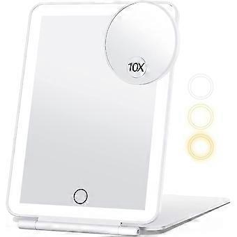Travel Makeup Mirror with 10X Magnification, Vanity Mirror with 3-Color Lighting, (White)