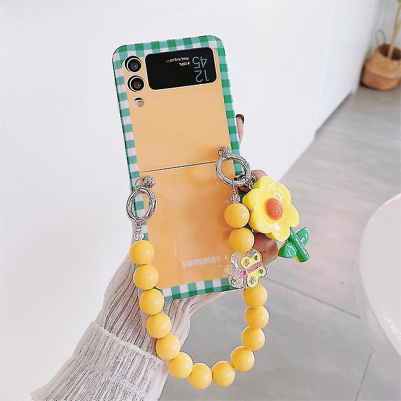Grid Pattern Case Compatible With Z Flip 4, Hard Pc Shockproof Cover With Flower Bracelet