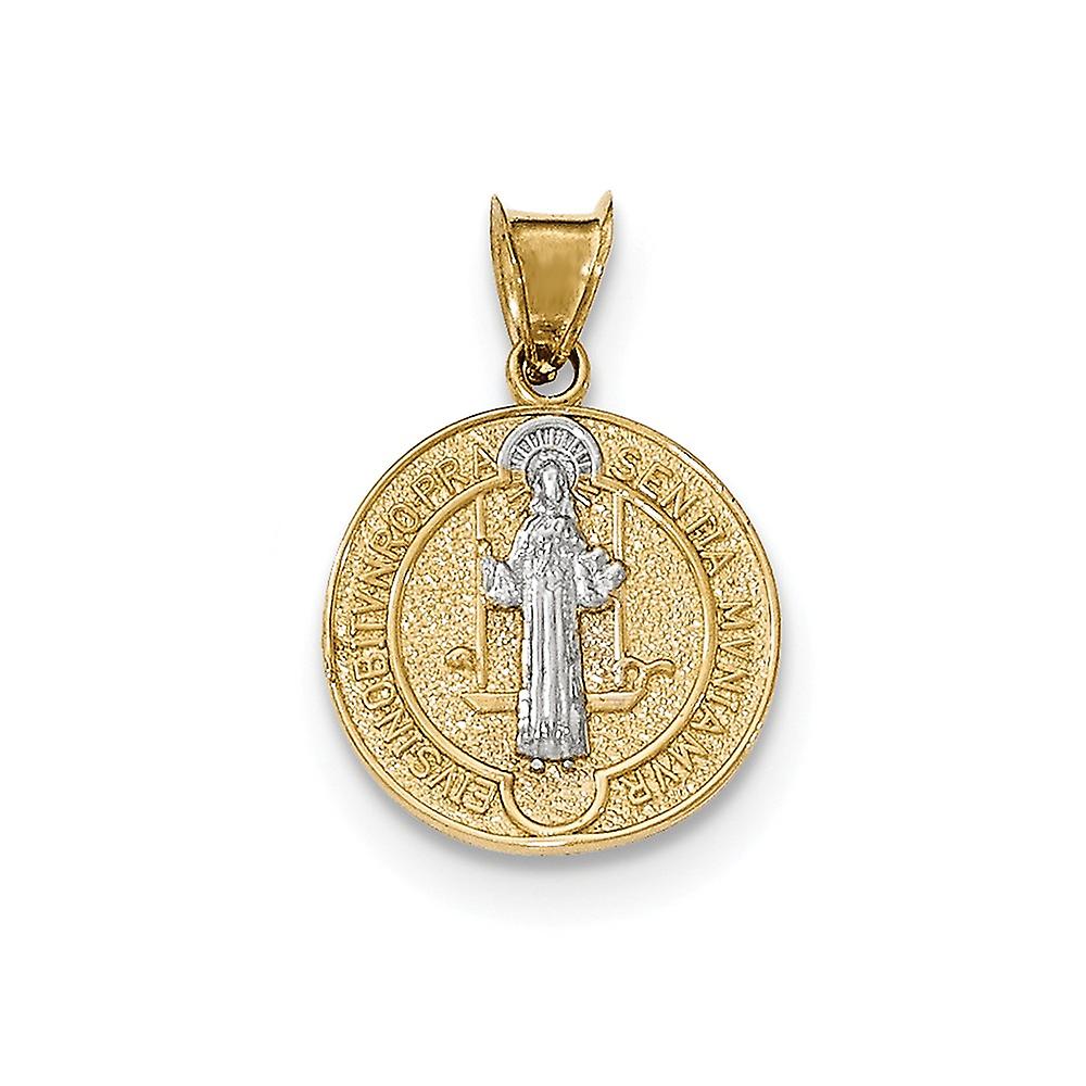 14k Yellow Gold Solid Textured Polished Reversible With Rhodium Circle St.benedict Medal Pendant Necklace 21.5x15.2mm Wi