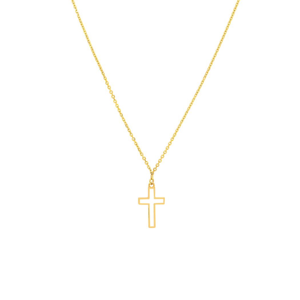 Colar ajustável com pingente de cruz religiosa em ouro amarelo 14k e esmalte branco, 45 cm (18 polegadas), para mulheres.