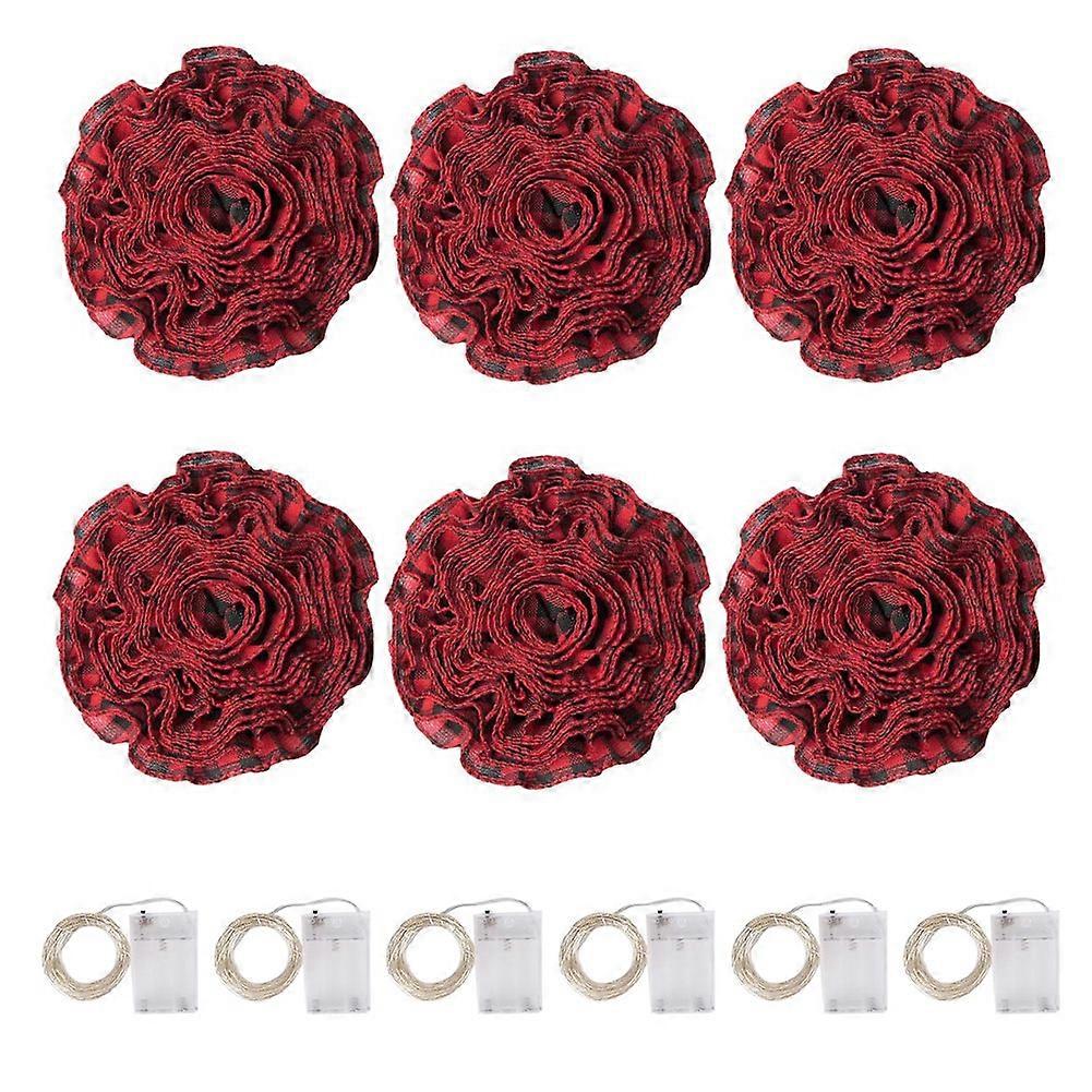 6 Rolls LED Rustic Christmas Tree Garland Ribbon Craft with LED Lights for Christmas Decorations Black&Red