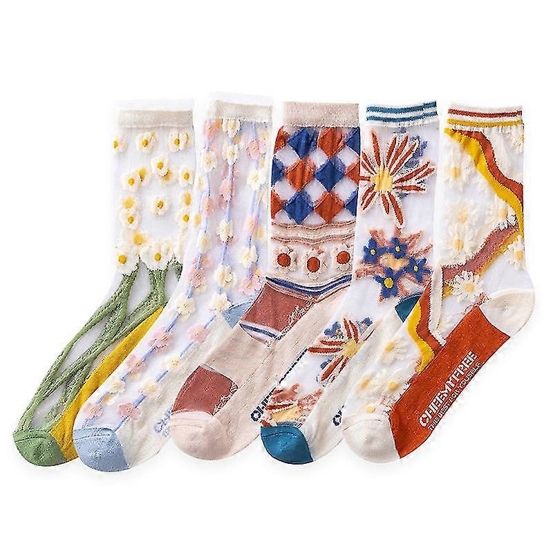 5 Pairs Womens Sheer Socks, Transparent Thin Mesh Lace Elastic Jacquard Crystal Glass Socks