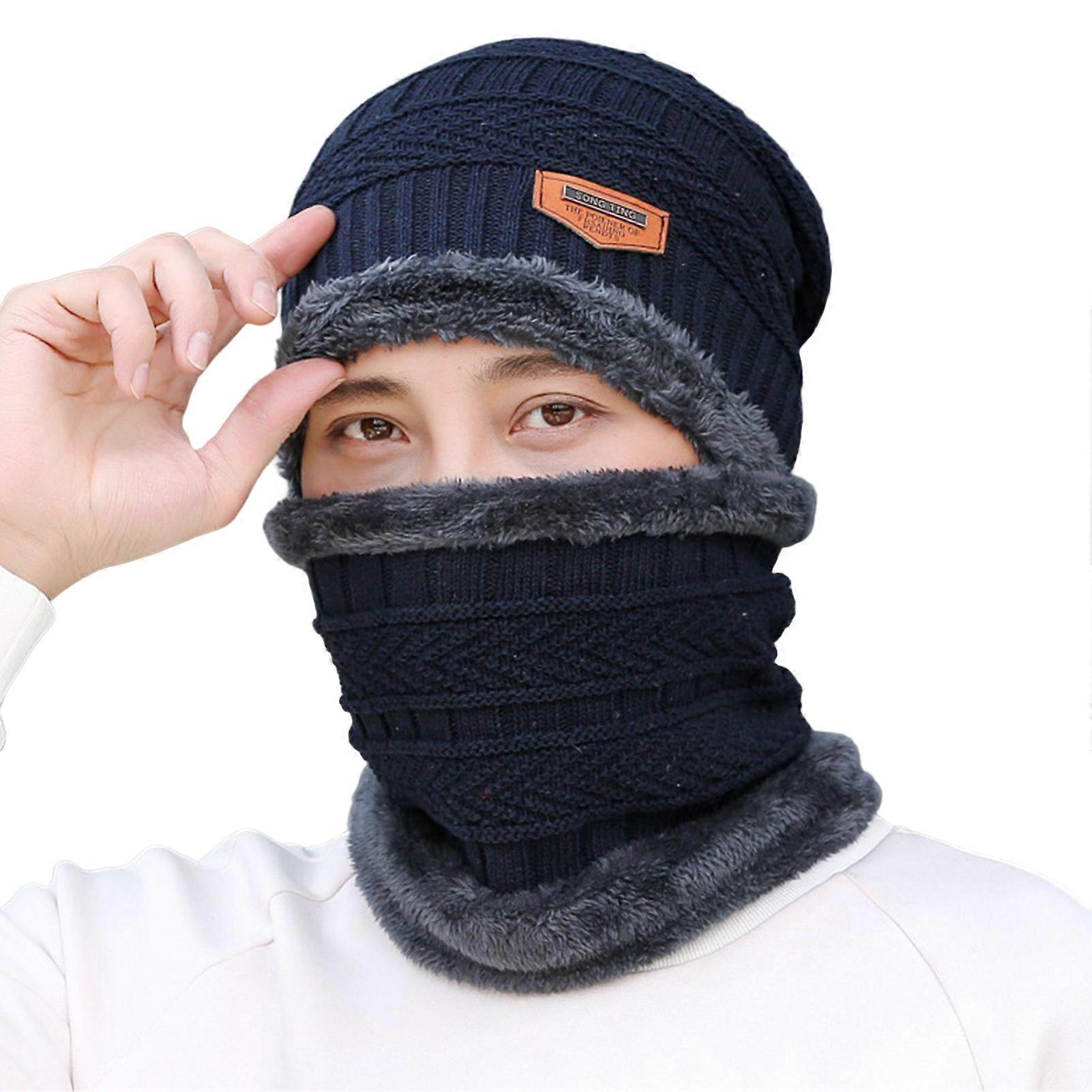 Winter Beanie Hat Scarf Kit Knit Wool Pullover Accessories with Solid Color for Cold Weather Riding Wearing