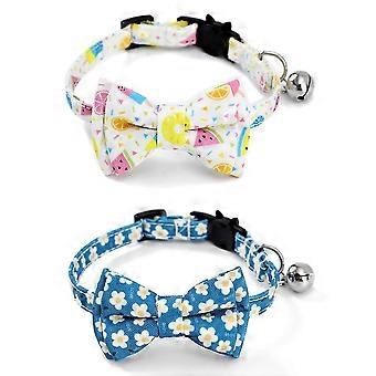 2 Pack Breakaway Cat Collars With Bowtie, Safety Buckle Cat Collars With Bell, Summer Print CollarsColorful - small white flowers