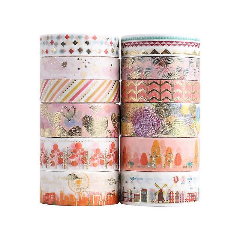 Adhesive tape set with 12 rolls of sweet gold foil, various decorative patterns and masking tape for DIY
