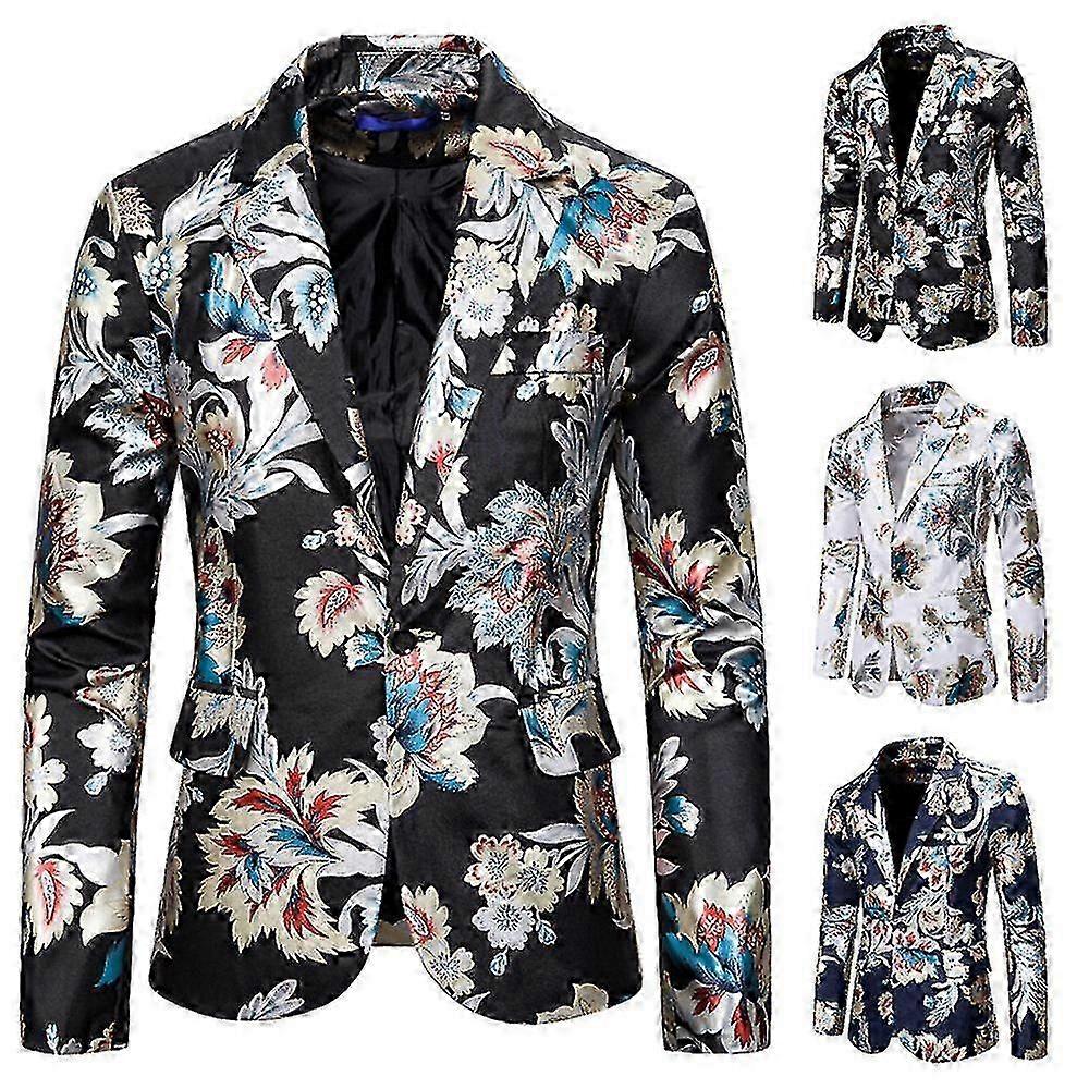 Mens Fashion Floral Print Blazer One Button Prom Suit Jacket