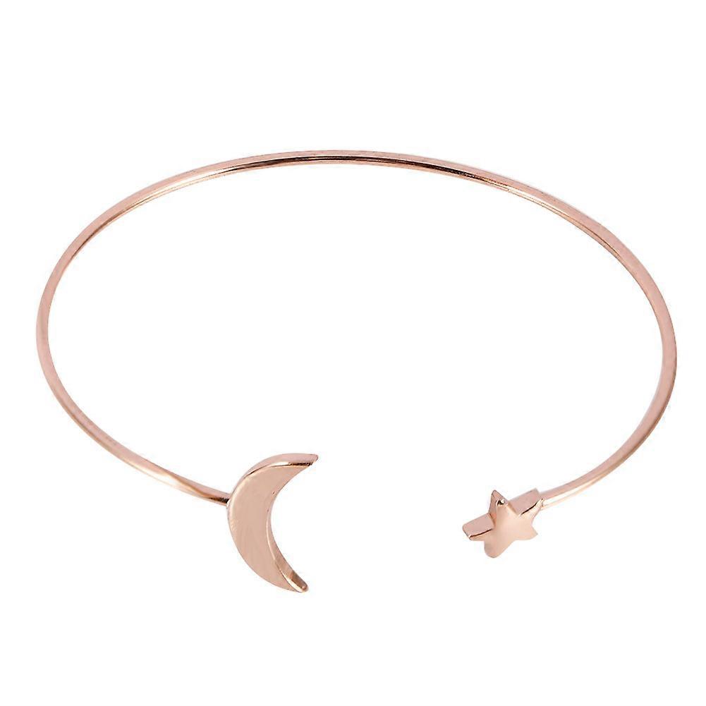 Female Open Bracelet Copper Plating Wristband Bangle with Moon Star Decoration (Rose Gold)