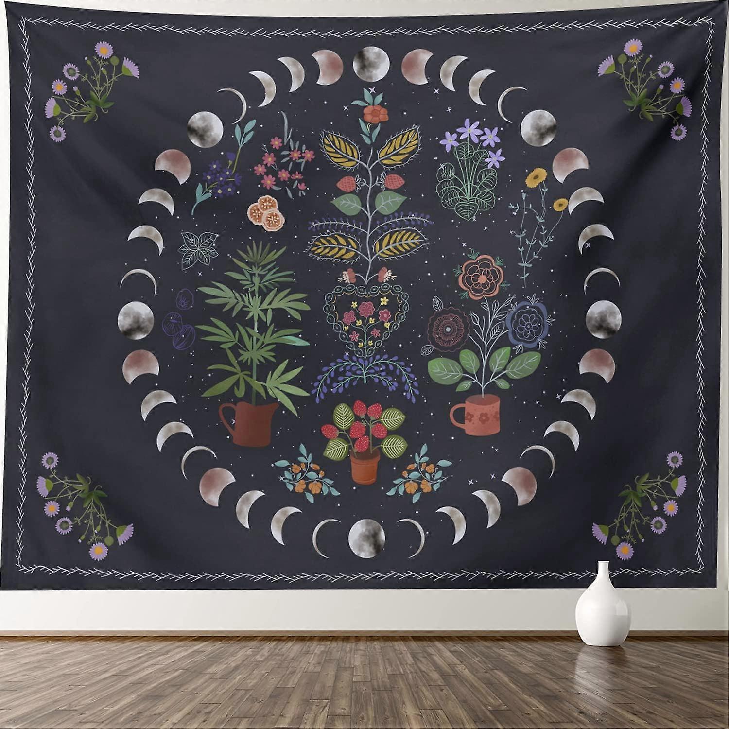 Botanical Moon Phase Tapestry - Floral Plants Boho Tapestry Wall Hanging Bohemian Mandala Wall Tapestry for Bedroom Aesthetic Home Dorm