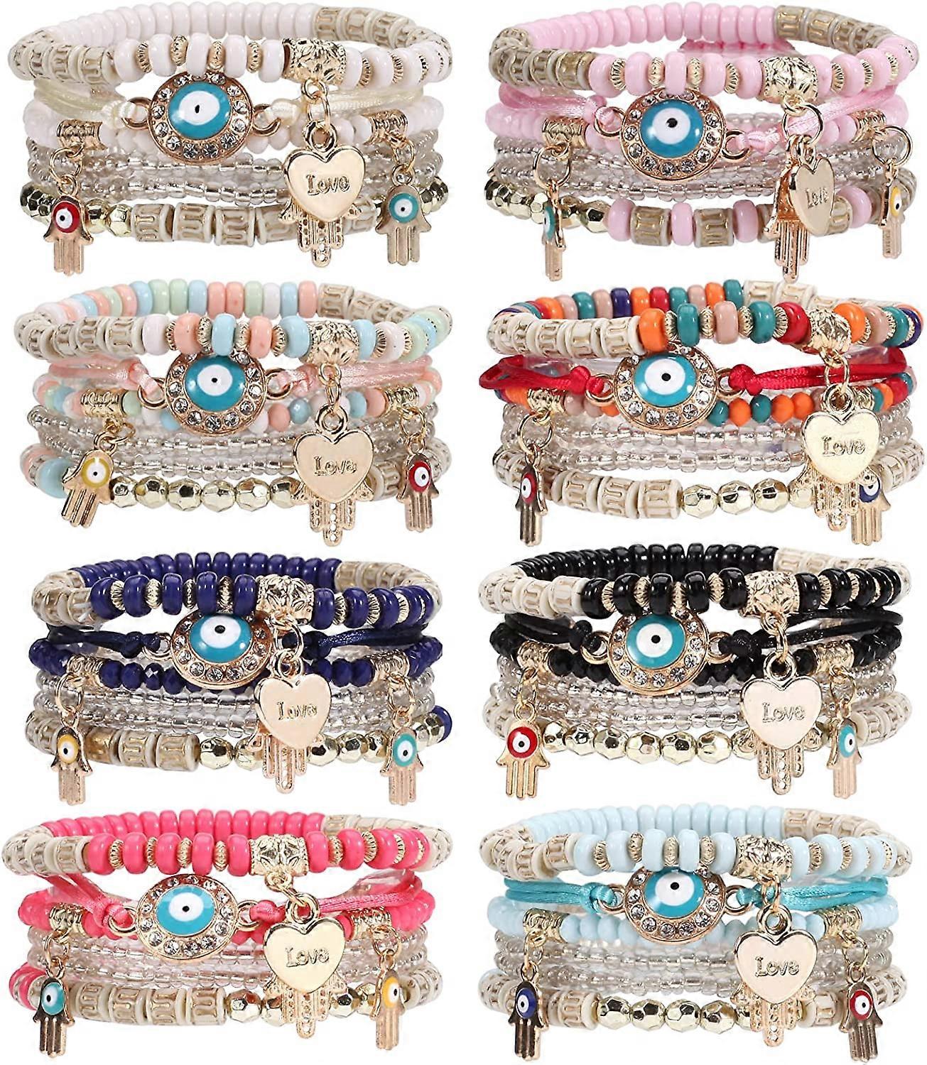 8-Pack Boho Style Stackable Women's Bracelets Layered Stretch Beaded Bracelets