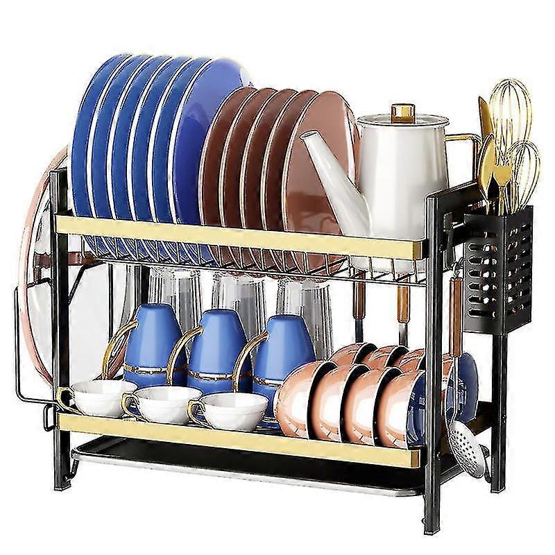 1 Set Dish Rack With Drainboard, 2 Tier Dish Rack For Kitchen Counter, Detachable Dish Drainer Organizer Shelf With Utensil Holder Set, Kitchen Access