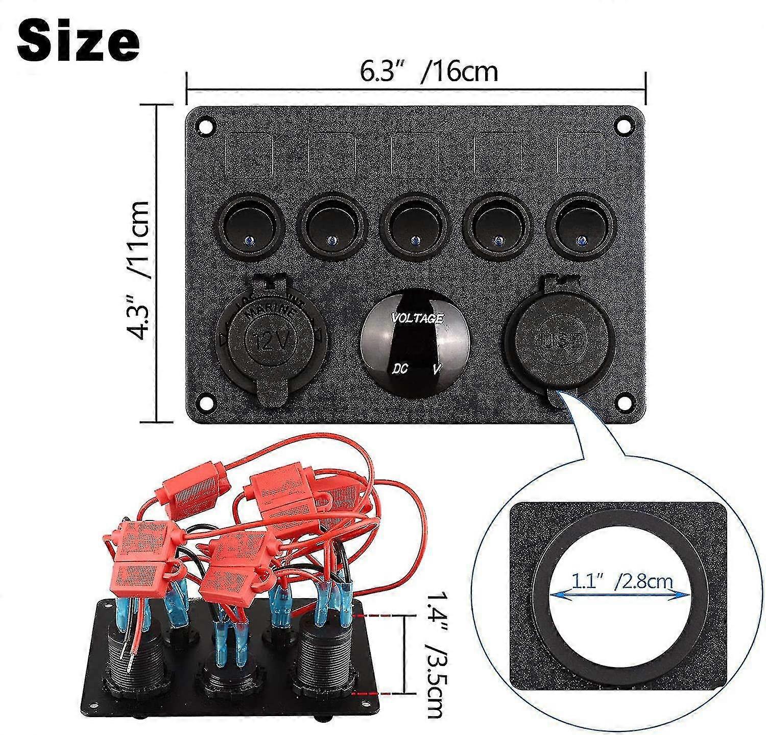 12v / 24v Control Panel, 5 Groups Of Rocker Switch Panels, With 5v 4.2a Dual Usb Charger, Waterproof Led Voltmeter