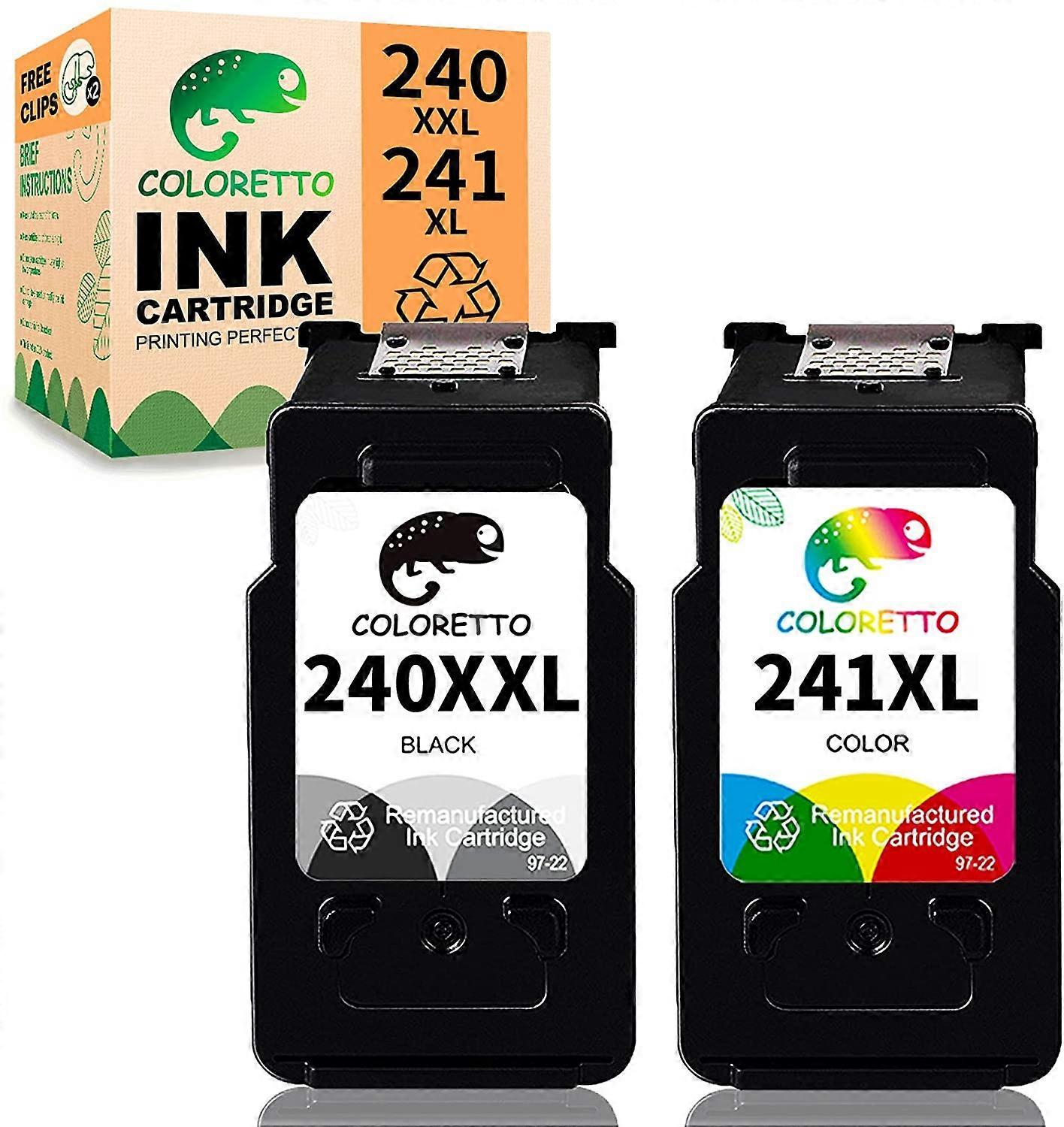1个黑色& 1个彩色& 2个纸夹COLORETTO再制造打印机墨盒替换品适用于佳能pg-240XXL 240XL CL-241XL 240 241 XL适用于Pixma MX