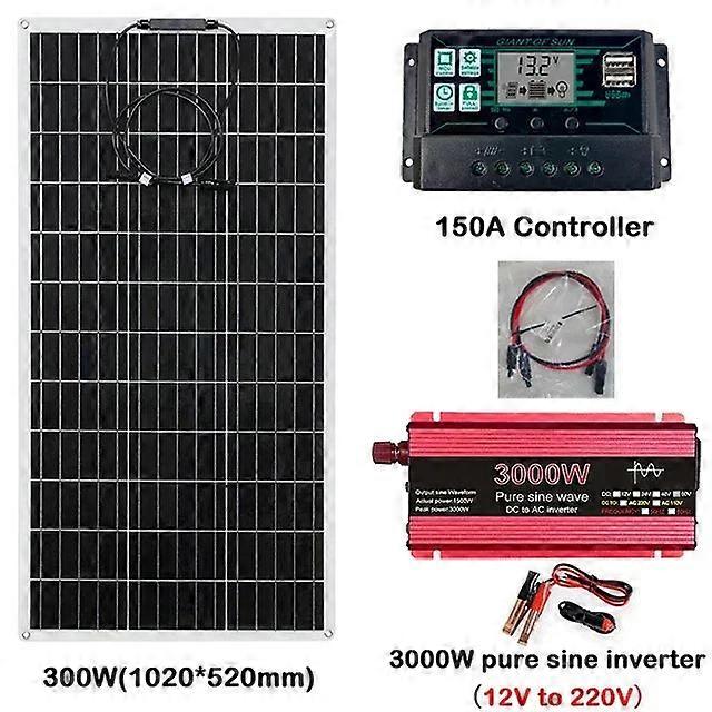 300W Panel 12v To 110v/220v 3000w Pure Sine Wave Inverter Solar System Kit Battery Charger Complete Power Generation